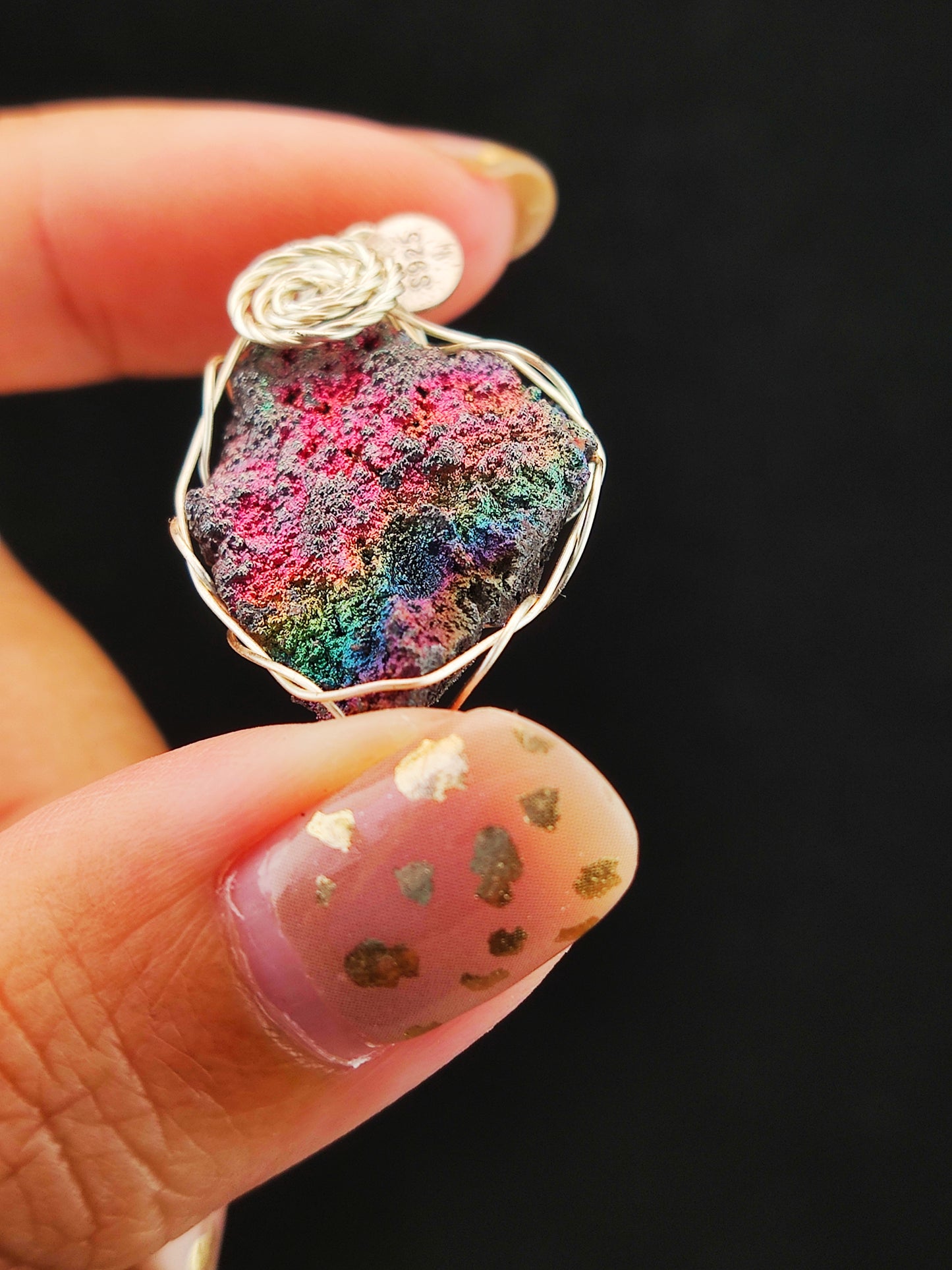 | Mini pendant | Goethite Pendant Copper Wire Wrapped Gemstone Pendant | COLOUR: Rainbow X Pink | 100% natural color |