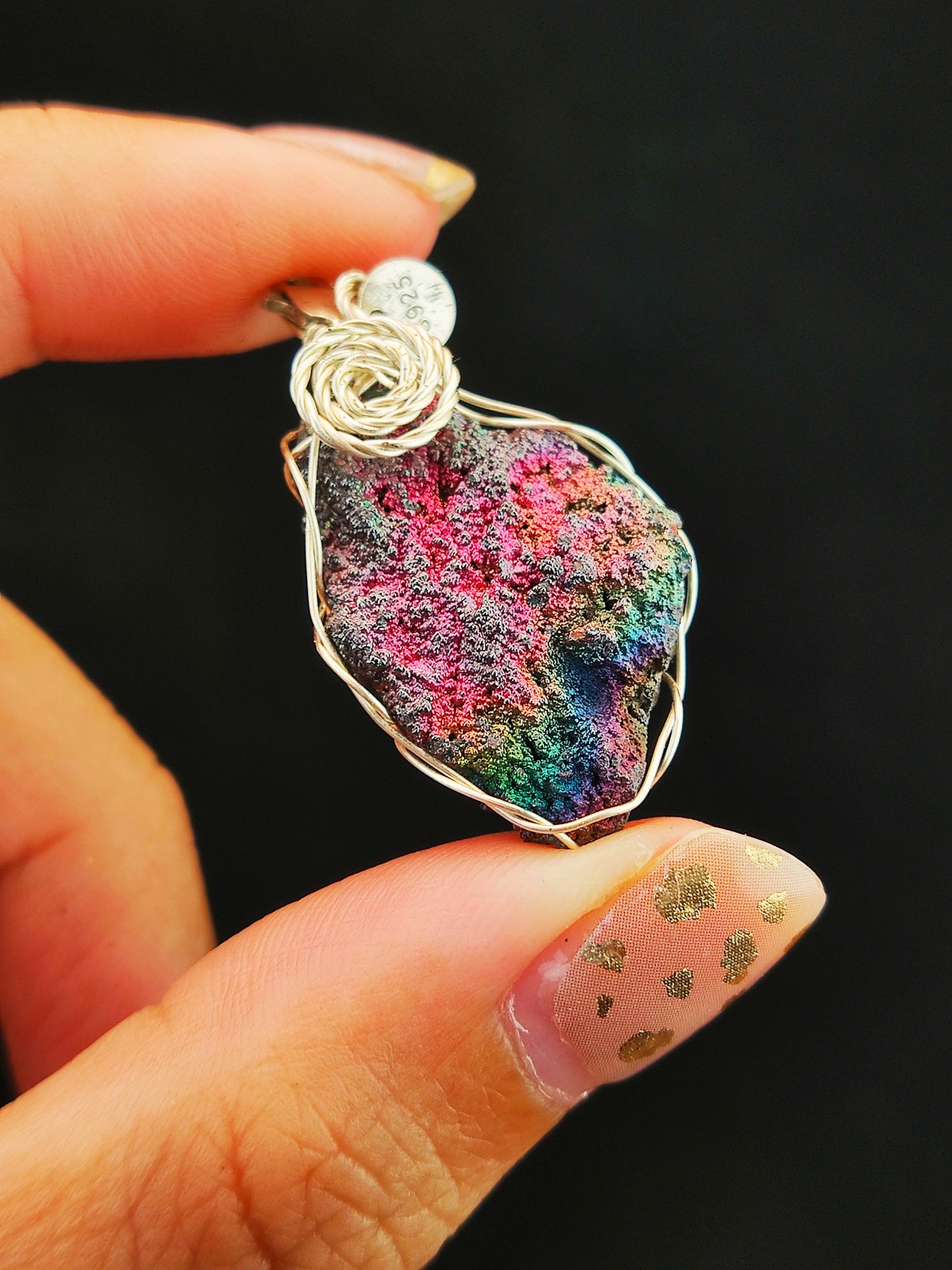 | Mini pendant | Goethite Pendant Copper Wire Wrapped Gemstone Pendant | COLOUR: Rainbow X Pink | 100% natural color |