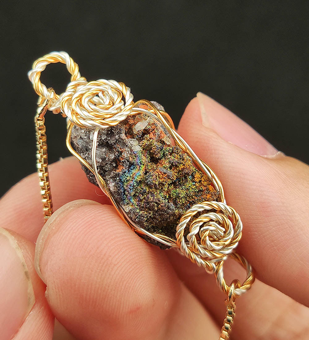 | Bracelet | Goethite Pendant Copper Wire Wrapped Gemstone Pendant | COLOUR: Gold, Turgite with White Quartz Crystal| 100% natural color |