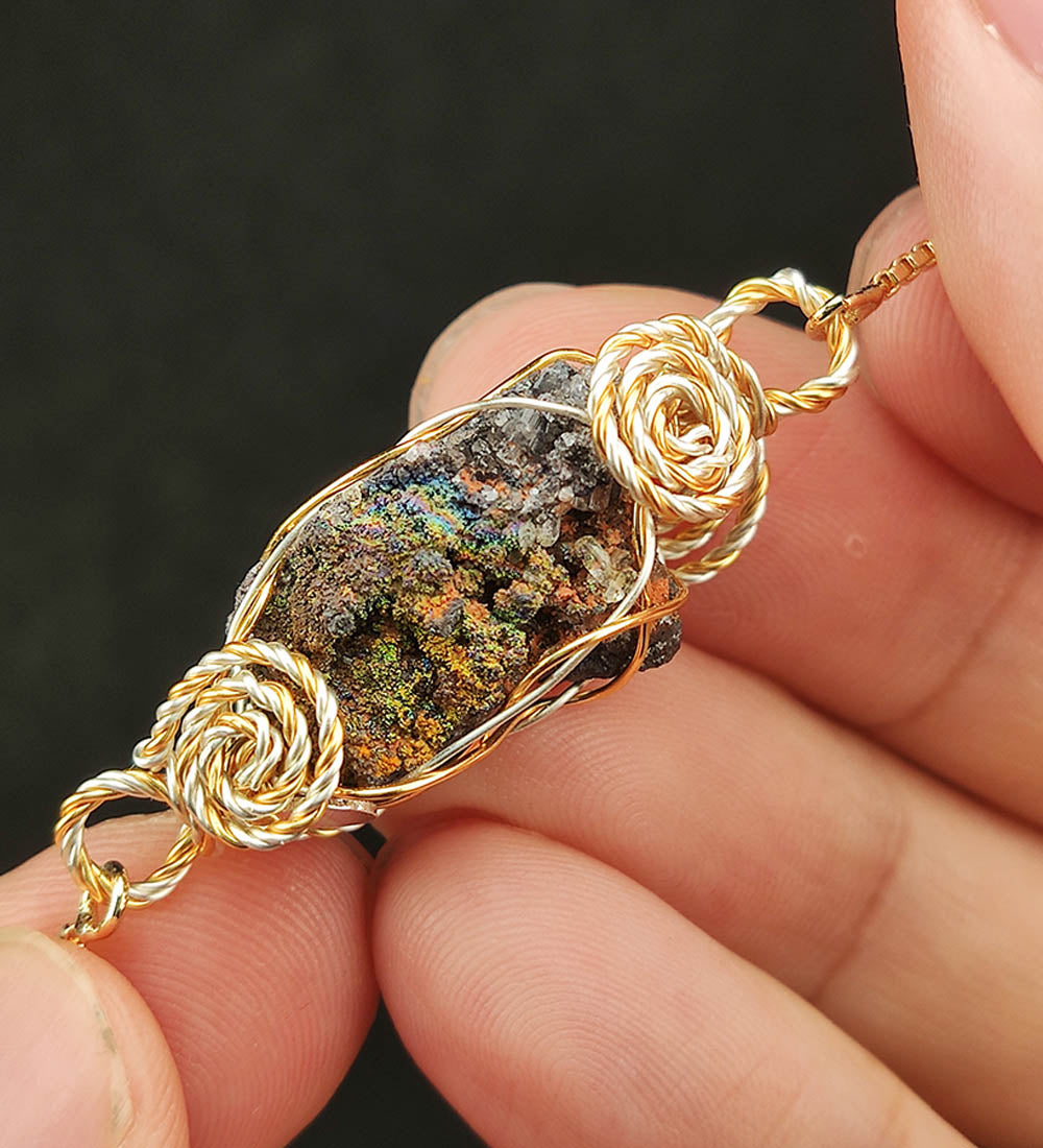 | Bracelet | Goethite Pendant Copper Wire Wrapped Gemstone Pendant | COLOUR: Gold, Turgite with White Quartz Crystal| 100% natural color |