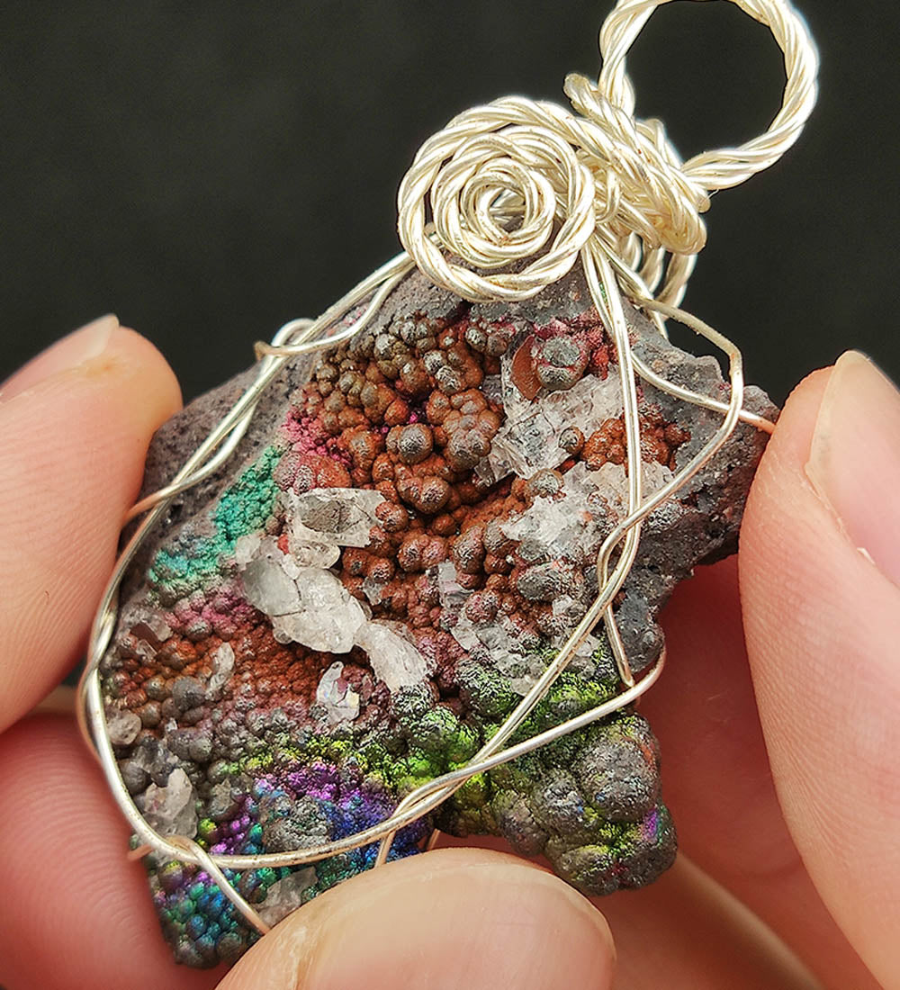 | Goethite Pendant Copper Wire Wrapped Gemstone Pendant | COLOUR: Green ,Purple, Red, Turgite with White Quartz,Crystal| 100% natural color |