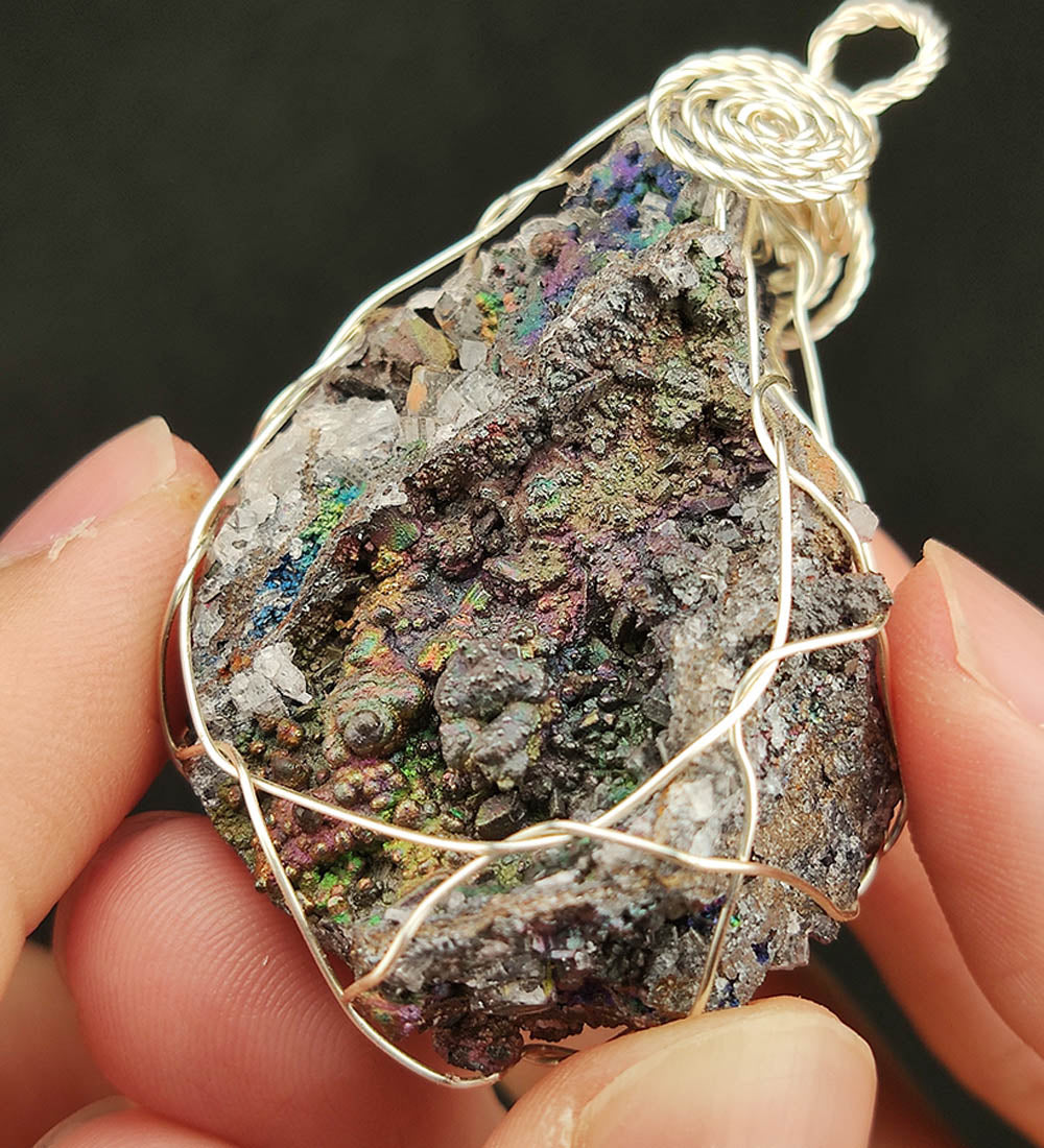 | Goethite Pendant Copper Wire Wrapped Gemstone Pendant | COLOUR: Gold, Turgite with White Quartz Crystal | 100% natural color |