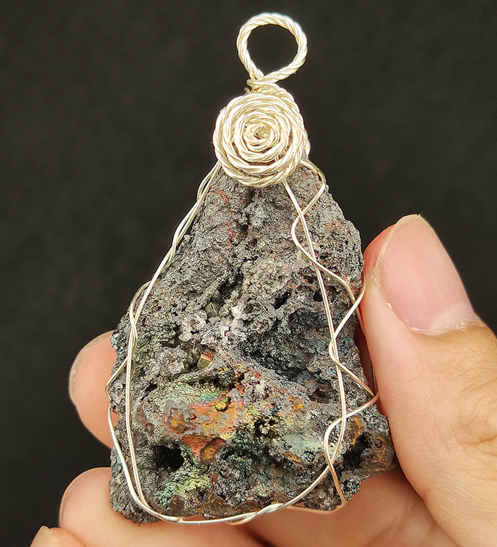 | Goethite Pendant Copper Wire Wrapped Gemstone Pendant | COLOUR: Silver black ,Turgite with black Calcite | 100% natural color |