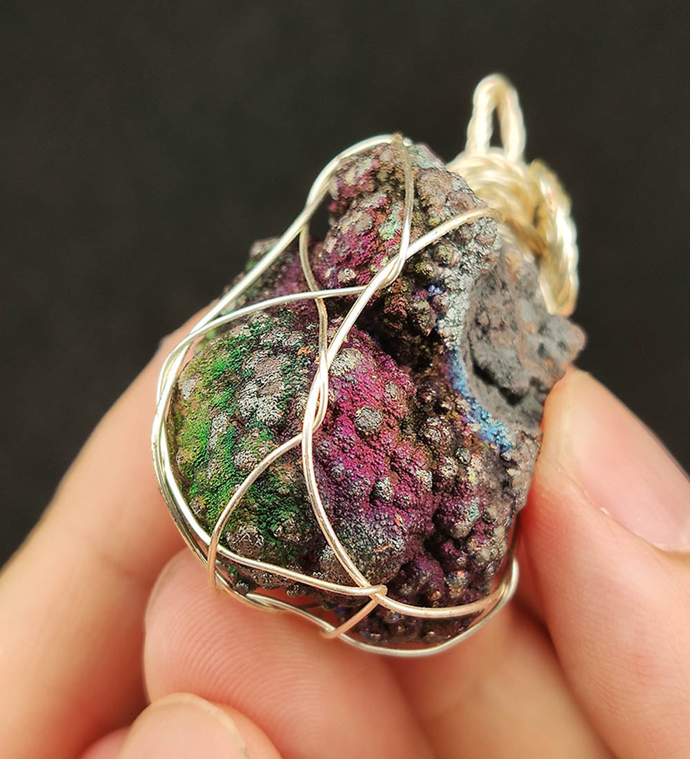 | Goethite Pendant Copper Wire Wrapped Gemstone Pendant | COLOUR: Blue,Purple, Green with White Quartz Crystal | 100% natural color |