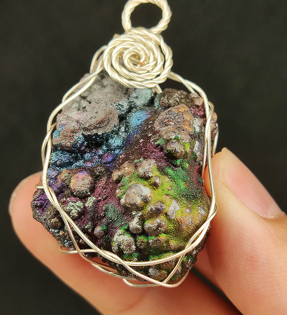 | Goethite Pendant Copper Wire Wrapped Gemstone Pendant | COLOUR: Blue,Purple, Green with White Quartz Crystal | 100% natural color |