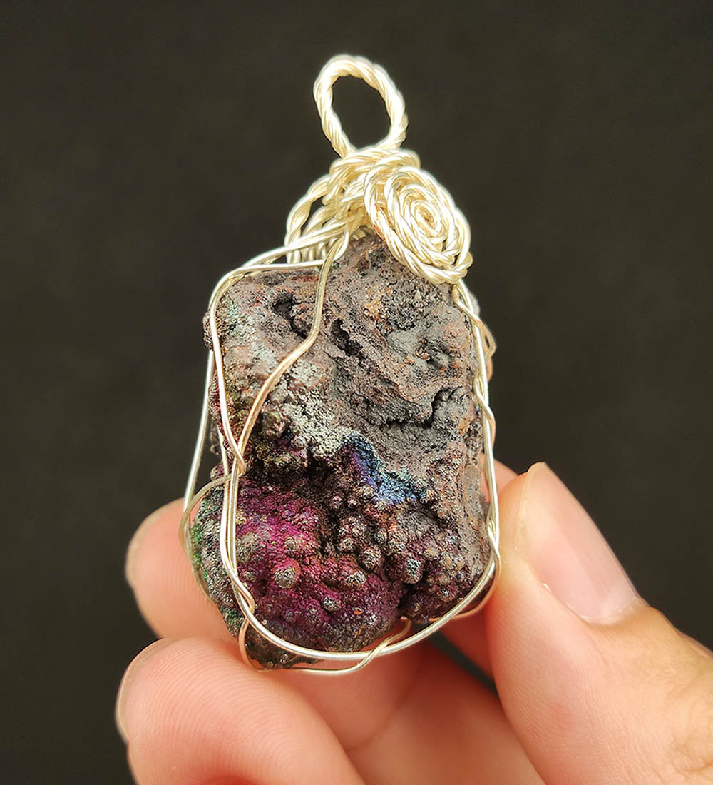 | Goethite Pendant Copper Wire Wrapped Gemstone Pendant | COLOUR: Blue,Purple, Green with White Quartz Crystal | 100% natural color |