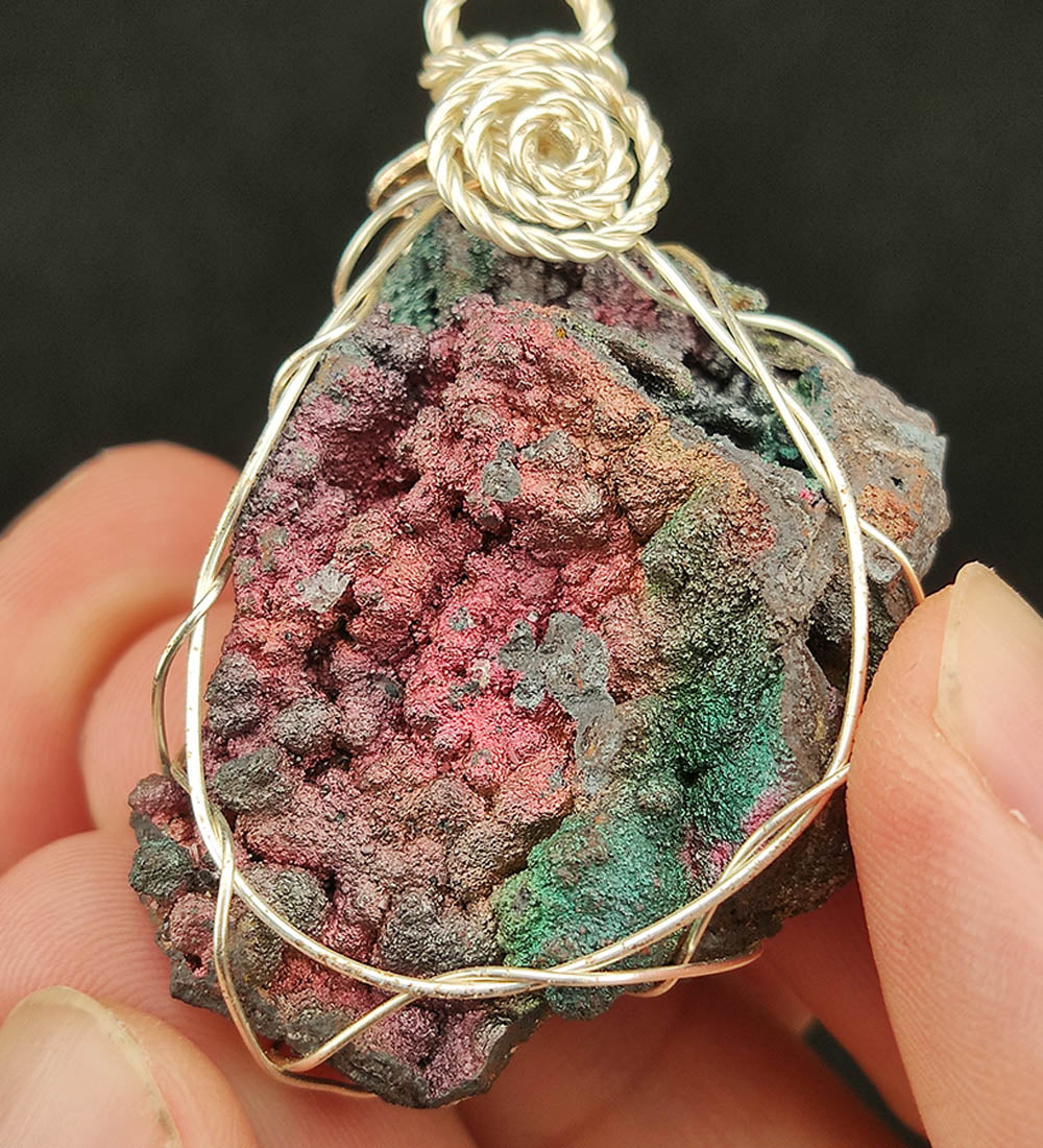 | Goethite Pendant Copper Wire Wrapped Gemstone Pendant | COLOUR: Pink, Green with White Quartz Crystal | 100% natural color |