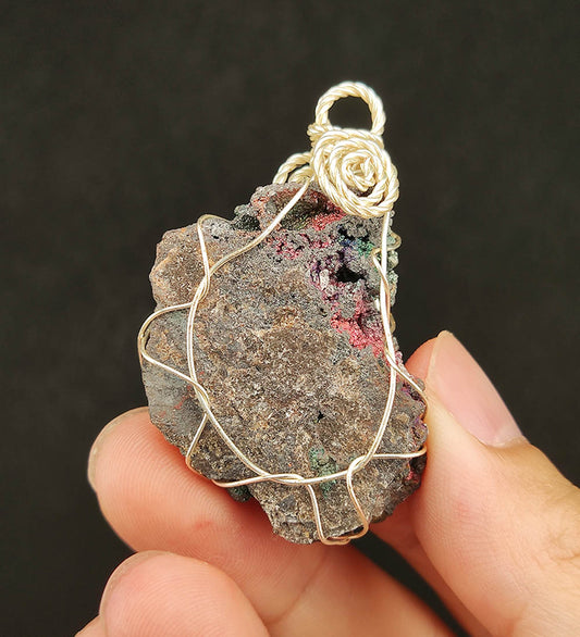 | Goethite Pendant Copper Wire Wrapped Gemstone Pendant | COLOUR: Pink, Green with White Quartz Crystal | 100% natural color |