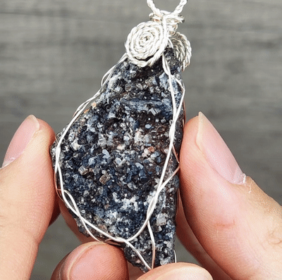 | Goethite Pendant Copper Wire Wrapped Gemstone Pendant | COLOUR: Silver black ,Turgite with black Calcite & White Quartz,Crystal | 100% natural color |