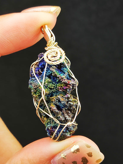 | Mini pendant | Goethite Pendant Copper Wire Wrapped Gemstone Pendant | COLOUR: Blue x Green | 100% natural color |