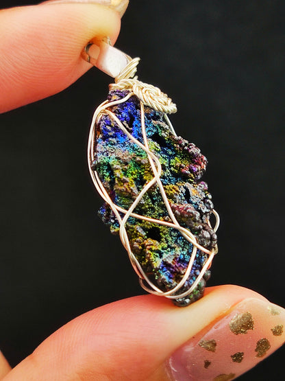 | Mini pendant | Goethite Pendant Copper Wire Wrapped Gemstone Pendant | COLOUR: Blue x Green | 100% natural color |