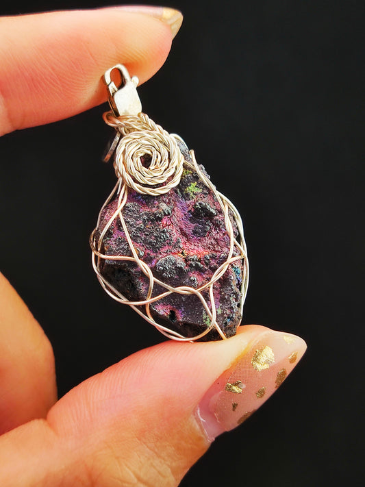 | Mini pendant | Goethite Pendant Copper Wire Wrapped Gemstone Pendant | COLOUR: Rainbow X Pink | 100% natural color |