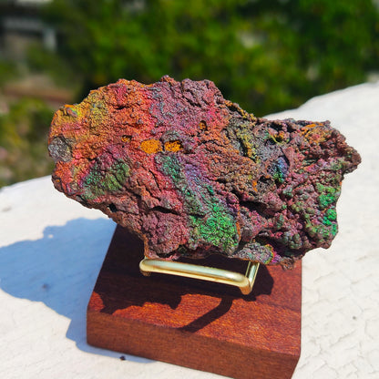 Premium Rainbow Leklai Living Stone | With Custom Wooden Stand (Approx. 6x4cm) | Rare Full-Spectrum Energy, Exquisitely Vibrant Colors | Holistic Luck Enhancement & Aura Purification | Natural Malaysia Raw Ore
