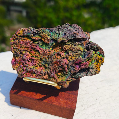 Premium Rainbow Leklai Living Stone | With Custom Wooden Stand (Approx. 6x4cm) | Rare Full-Spectrum Energy, Exquisitely Vibrant Colors | Holistic Luck Enhancement & Aura Purification | Natural Malaysia Raw Ore
