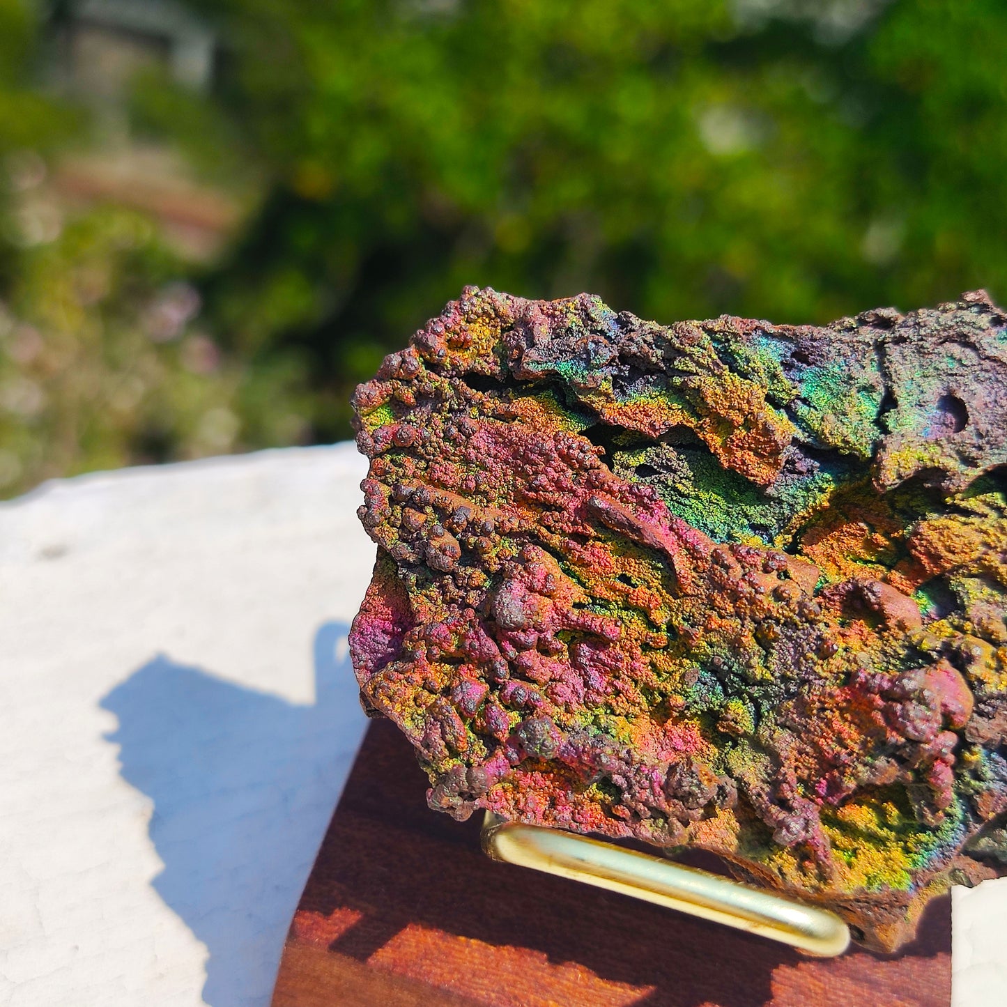 Premium Rainbow Leklai Living Stone | With Custom Wooden Stand (Approx. 6x4cm) | Rare Full-Spectrum Energy, Exquisitely Vibrant Colors | Holistic Luck Enhancement & Aura Purification | Natural Malaysia Raw Ore