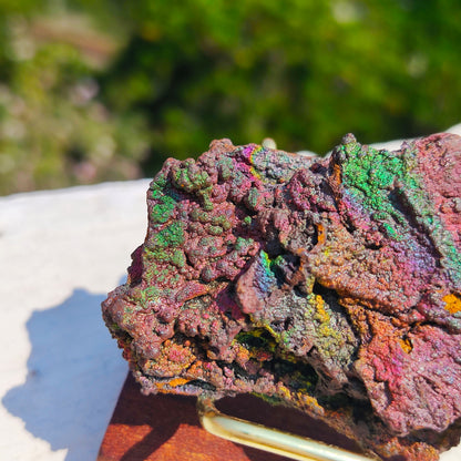Premium Rainbow Leklai Living Stone | With Custom Wooden Stand (Approx. 6x4cm) | Rare Full-Spectrum Energy, Exquisitely Vibrant Colors | Holistic Luck Enhancement & Aura Purification | Natural Malaysia Raw Ore
