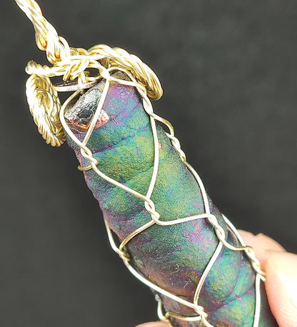 | Goethite Pillar(6cm) | Goethite Pendant Copper Wire Wrapped Gemstone Pendant | COLOUR: pink x orange x silver| 100% natural color |