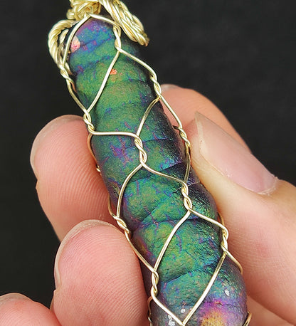 | Goethite Pillar(6cm) | Goethite Pendant Copper Wire Wrapped Gemstone Pendant | COLOUR: pink x orange x silver| 100% natural color |