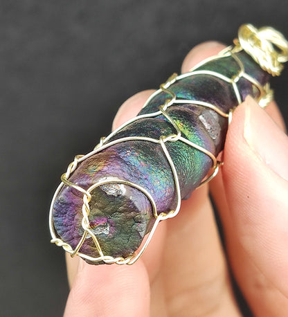 | Goethite Pillar(6cm) | Goethite Pendant Copper Wire Wrapped Gemstone Pendant | COLOUR: pink x orange x silver| 100% natural color |
