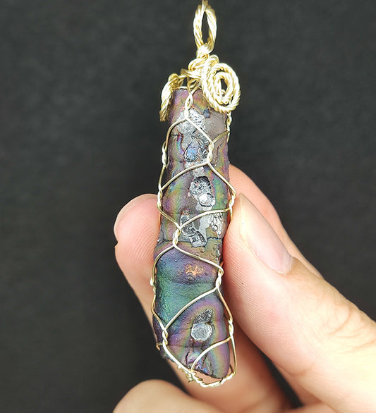 | Goethite Pillar(6cm) | Goethite Pendant Copper Wire Wrapped Gemstone Pendant | COLOUR: pink x orange x silver| 100% natural color |