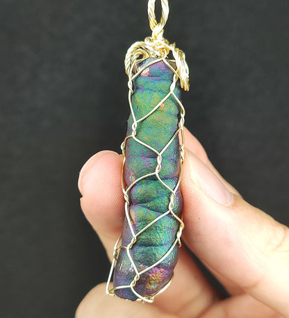 | Goethite Pillar(6cm) | Goethite Pendant Copper Wire Wrapped Gemstone Pendant | COLOUR: pink x orange x silver| 100% natural color |