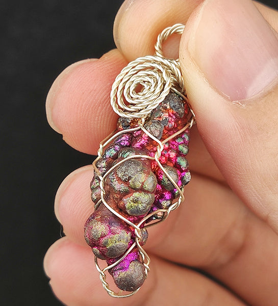 | Goethite Pillar(3cm) | Goethite Pendant Copper Wire Wrapped Gemstone Pendant | COLOUR: pink x orange x silver| 100% natural color |