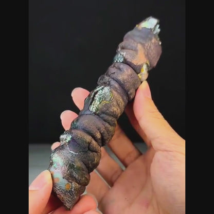頂級老礦大佛柱｜天然力泥活石｜14.5×2.5cm 粗壯規格｜紫色・老殼・彩虹共生｜Leklai Goethite