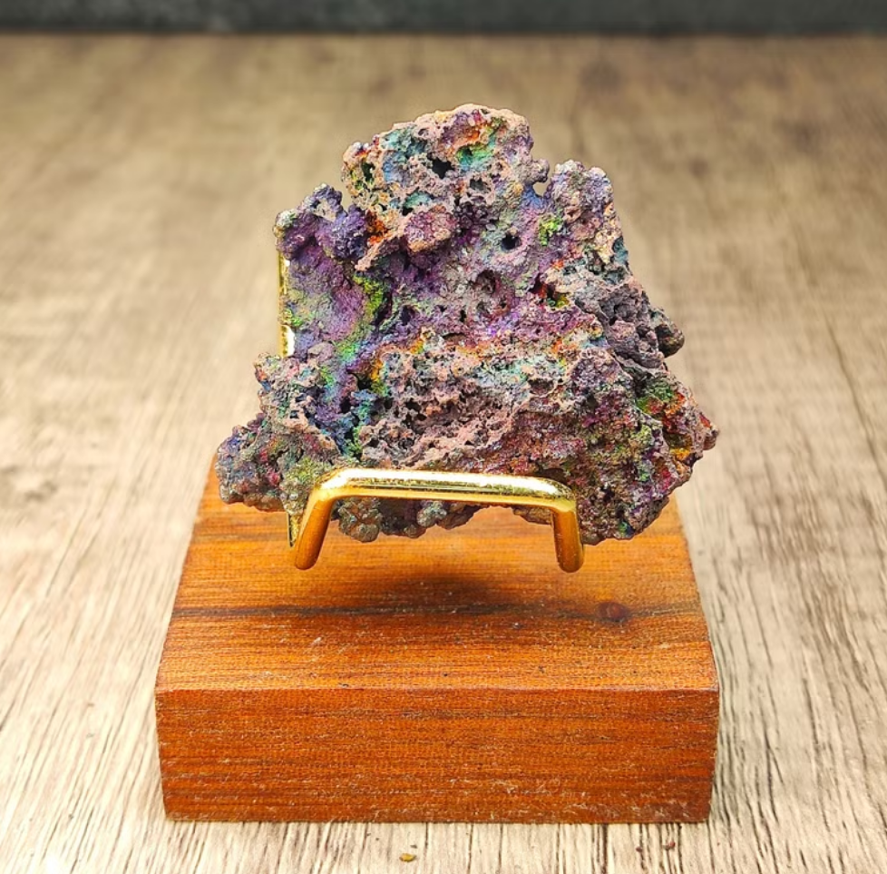 Premium Rainbow Leklai Living Stone | With Custom Wooden Stand (Approx. 4x5cm) | Rare Full-Spectrum Energy, Exquisitely Vibrant Colors | Holistic Luck Enhancement & Aura Purification | Natural Malaysia Raw Ore