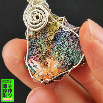 | Goethite Pendant Copper Wire Wrapped Gemstone Pendant | COLOUR:  Rainbow, Turgite with Orange Quartz,Crystal | 100% natural color |
