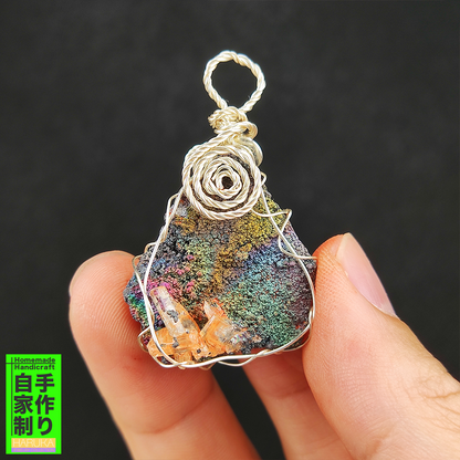 | Goethite Pendant Copper Wire Wrapped Gemstone Pendant | COLOUR:  Rainbow, Turgite with Orange Quartz,Crystal | 100% natural color |