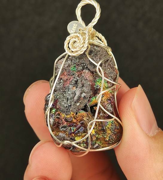 | Goethite Pendant Copper Wire Wrapped Gemstone Pendant | COLOUR:  Rainbow, Turgite with Gold Calcite| 100% natural color |