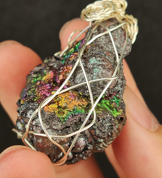 | Goethite Pendant Copper Wire Wrapped Gemstone Pendant | COLOUR:  Rainbow, Turgite with Gold Calcite | 100% natural color |