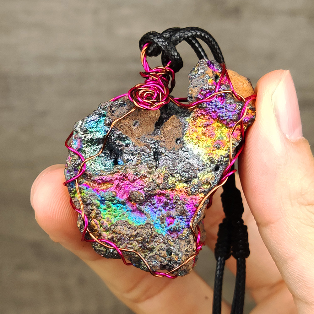 | Goethite Pendant Copper Wire Wrapped Gemstone Pendant | COLOUR: Green, Pink, Blue | 100% natural color |