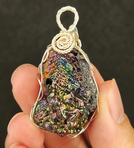 | Goethite Pendant Copper Wire Wrapped Gemstone Pendant | COLOUR:  Rainbow, Turgite with Gold Calcite| 100% natural color |