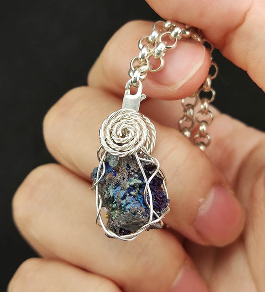 | Mini pendant | Goethite Pendant Copper Wire Wrapped Gemstone Pendant | COLOUR: Blue, Gold, Turgite with White Quartz Crystal| 100% natural color |