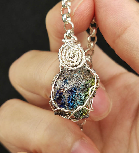 | Mini pendant | Goethite Pendant Copper Wire Wrapped Gemstone Pendant | COLOUR: Blue, Gold, Turgite with White Quartz Crystal| 100% natural color |