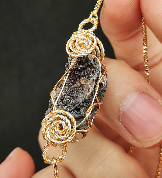 | Bracelet | Goethite Pendant Copper Wire Wrapped Gemstone Pendant | COLOUR: Silver black ,Turgite with black Calcite| 100% natural color |