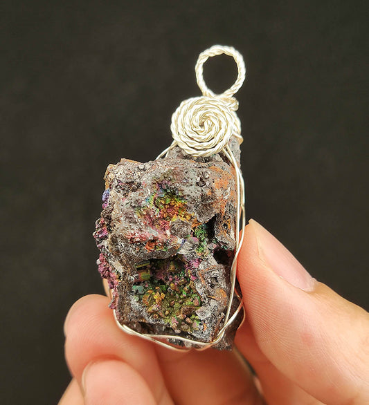| Goethite Pendant Copper Wire Wrapped Gemstone Pendant | COLOUR: Rainbow, Turgite with Gold Calcite | 100% natural color |