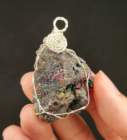 | Goethite Pendant Copper Wire Wrapped Gemstone Pendant | COLOUR: Rainbow, Turgite with White Quartz Crystal| 100% natural color |
