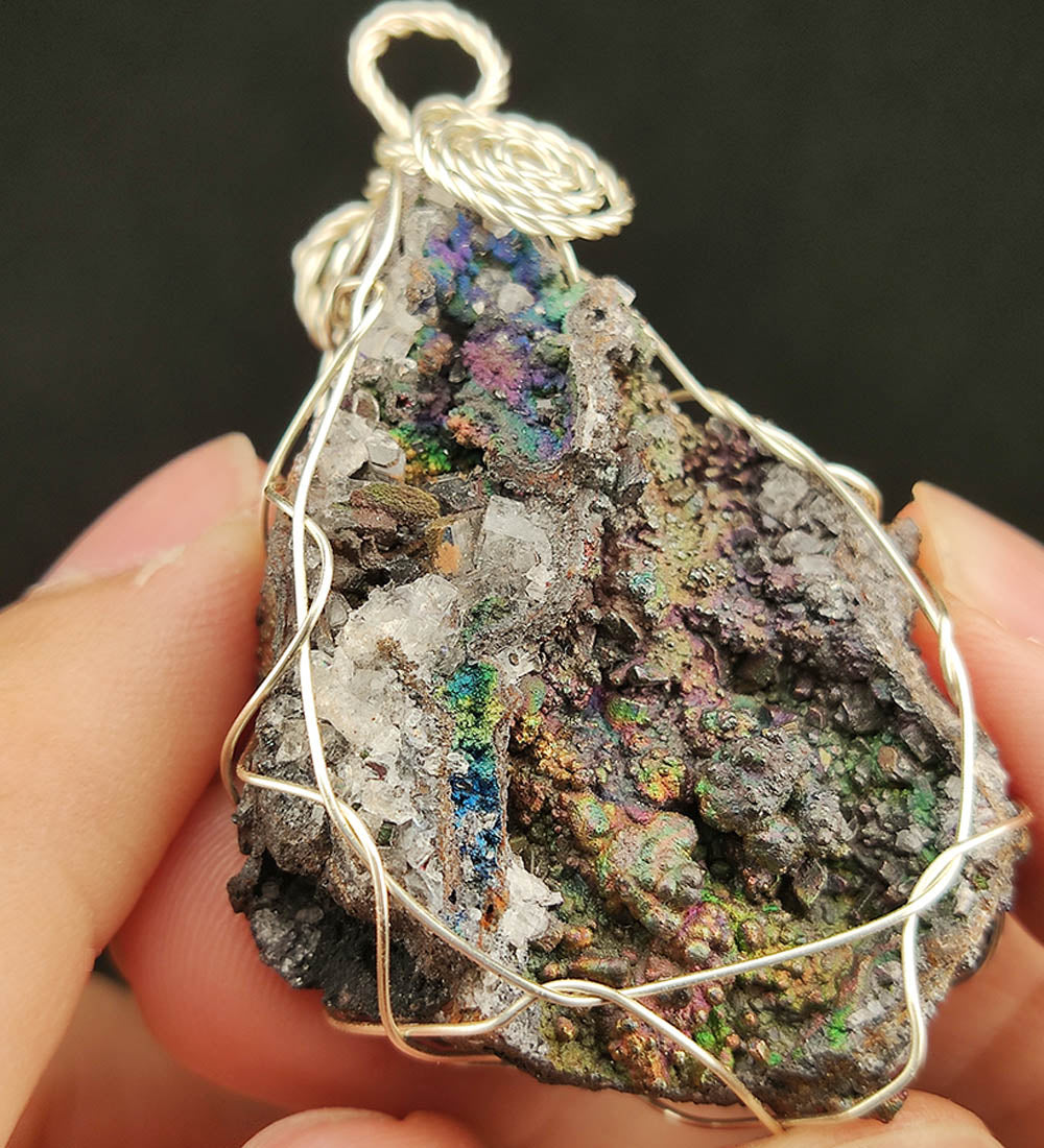 | Goethite Pendant Copper Wire Wrapped Gemstone Pendant | COLOUR: Gold, Turgite with White Quartz Crystal | 100% natural color |