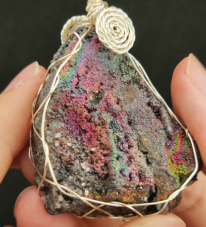 | Goethite Pendant Copper Wire Wrapped Gemstone Pendant | COLOUR:Gold,Turgite with black Calcite & Orange Quartz,Crystal | 100% natural color |