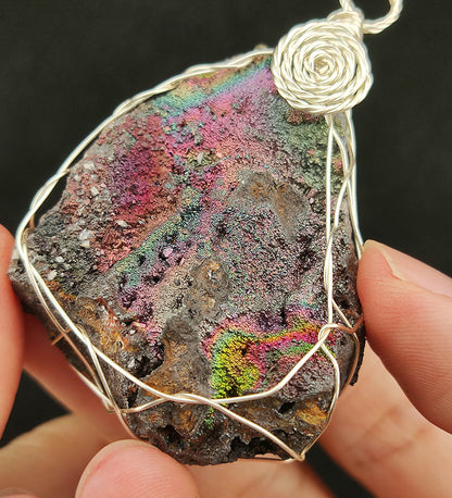 | Goethite Pendant Copper Wire Wrapped Gemstone Pendant | COLOUR:Gold,Turgite with black Calcite & Orange Quartz,Crystal | 100% natural color |