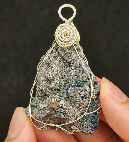 | Goethite Pendant Copper Wire Wrapped Gemstone Pendant | COLOUR: Silver black ,Turgite with black Calcite | 100% natural color |