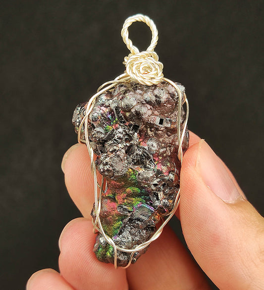 | Goethite Pendant Copper Wire Wrapped Gemstone Pendant | COLOUR: Rainbow ,Silver black ,Turgite with black Calcite | 100% natural color |