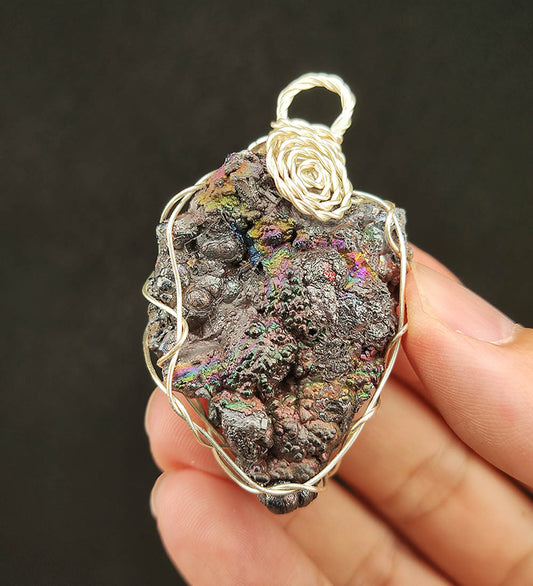 | Goethite Pendant Copper Wire Wrapped Gemstone Pendant | COLOUR: Rainbow ,Silver black ,Turgite with black Calcite | 100% natural color |