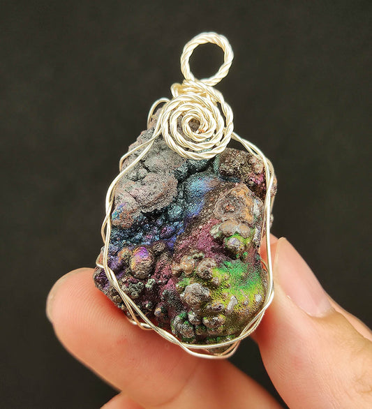 | Goethite Pendant Copper Wire Wrapped Gemstone Pendant | COLOUR: Blue,Purple, Green with White Quartz Crystal | 100% natural color |