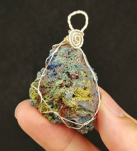 | Goethite Pendant Copper Wire Wrapped Gemstone Pendant | COLOUR: Gold, Blue  with White Quartz Crystal | 100% natural color |